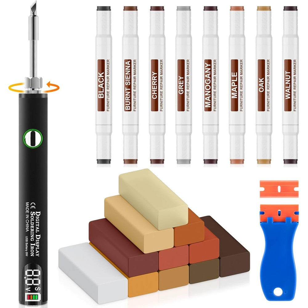 A-HEYIDA vinyl floor repair kit front view showing the complete box packaging with heat pen and wax blocks.