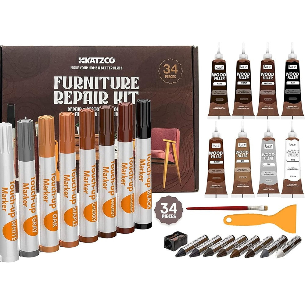 Katzco 34 piece furniture repair kit front view showing markers and wax sticks.