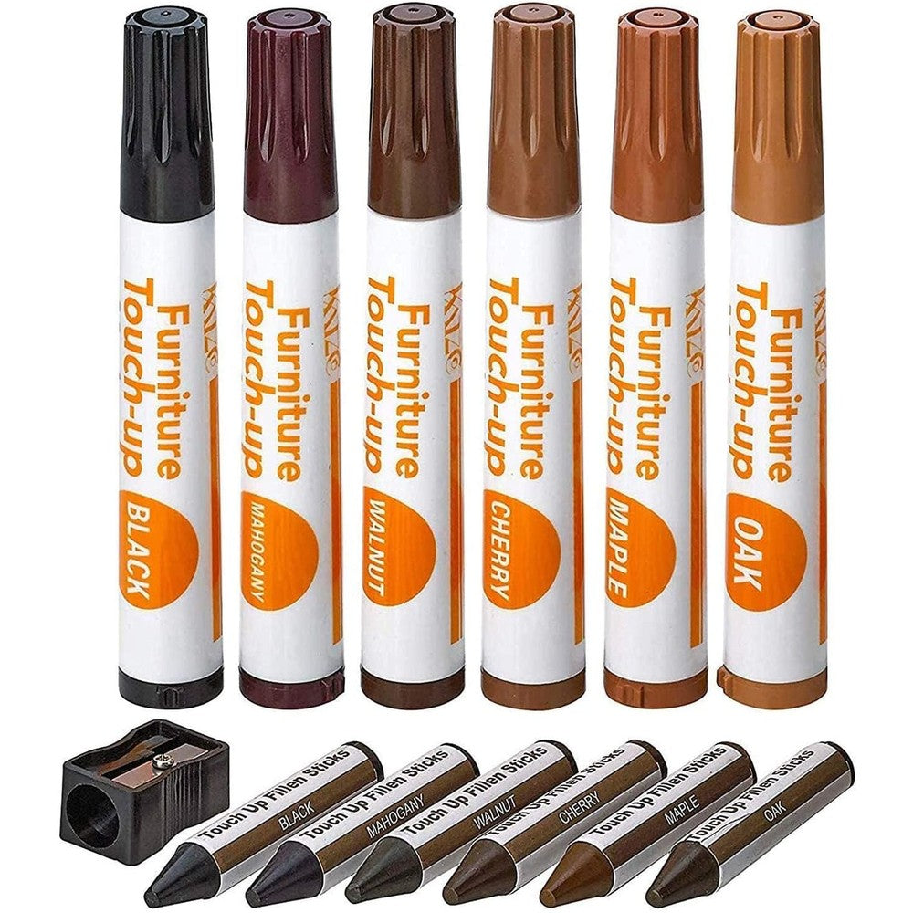 Katzco 13 Piece Furniture Repair Kit front view featuring wood markers and wax sticks.
