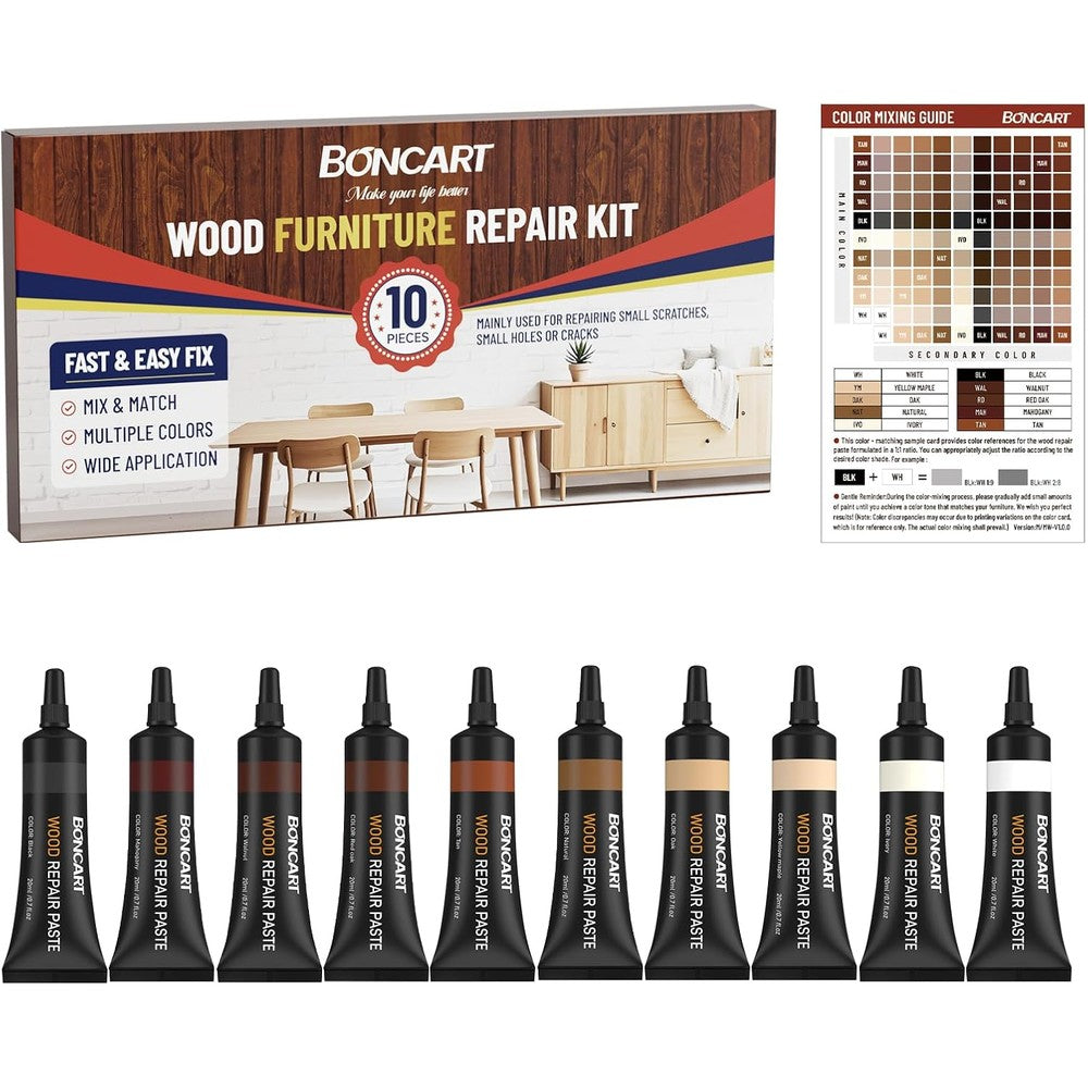 REALINN wood furniture repair kit front view showing ten colors of wood fillers.