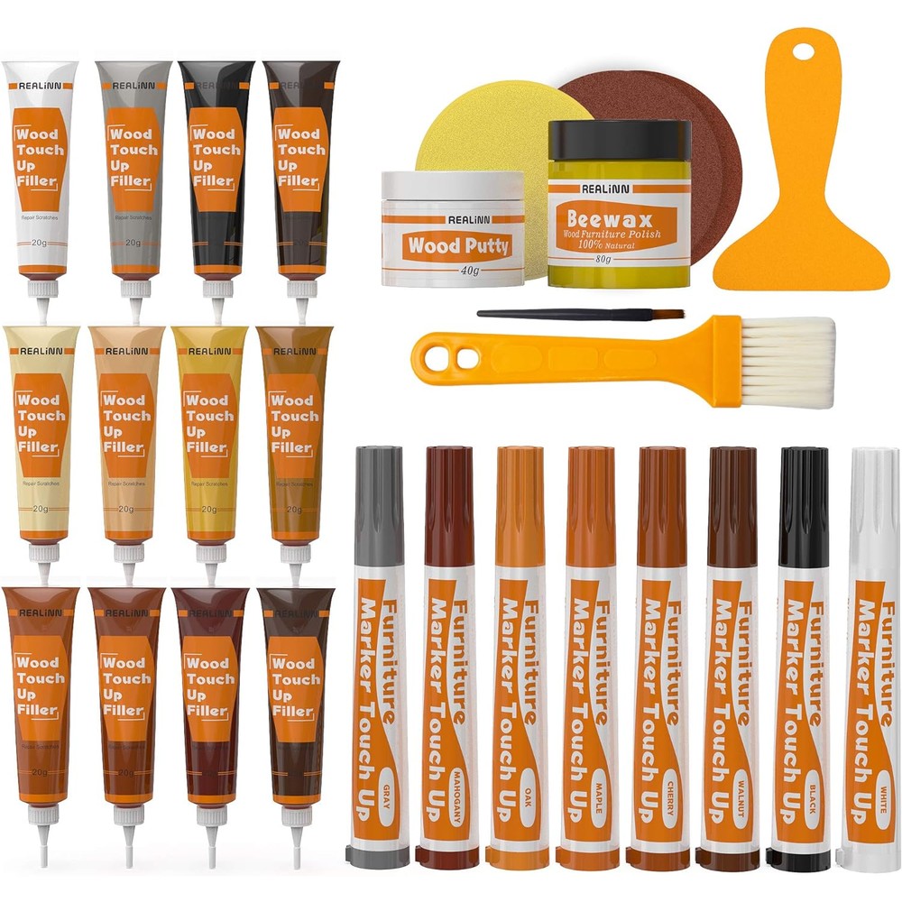 REALINN Wood Furniture Repair Kit front view of 28 piece restoration set.