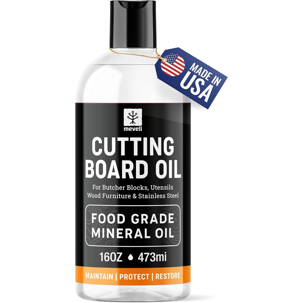 Mevell food grade mineral oil bottle front view for cutting boards
