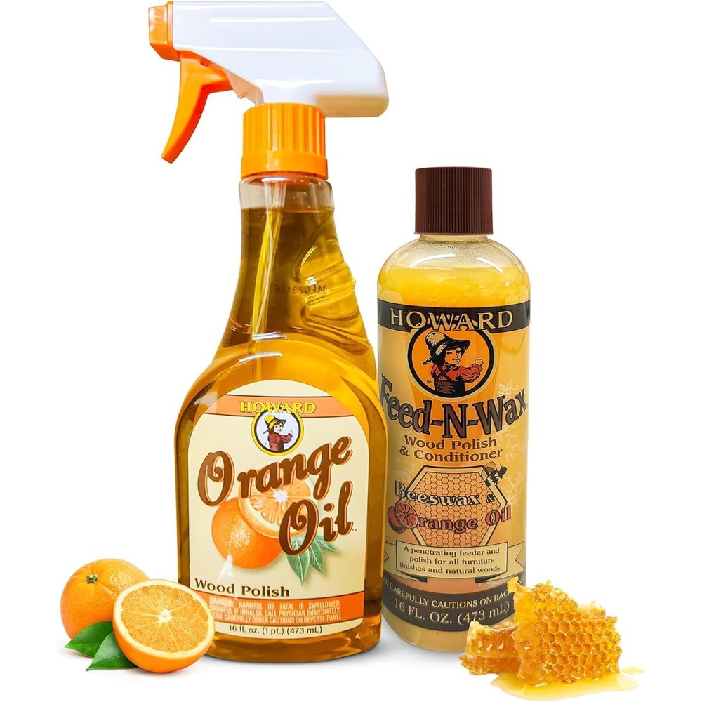 Howard Feed N Wax and Orange Oil wood polish bottles front view