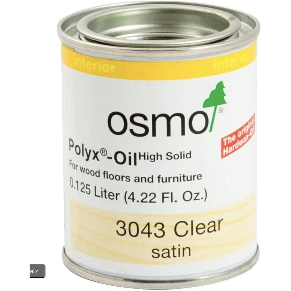Osmo Polyx-Oil 3043 Clear Satin 0.125 Liter container front view for premium wood finishing.