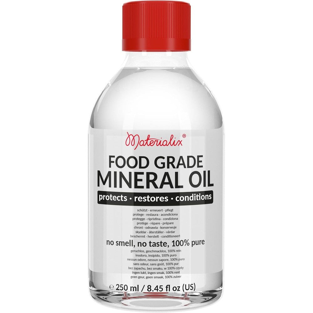 Materialix Food Grade Mineral Oil 250ml bottle front view for wood care