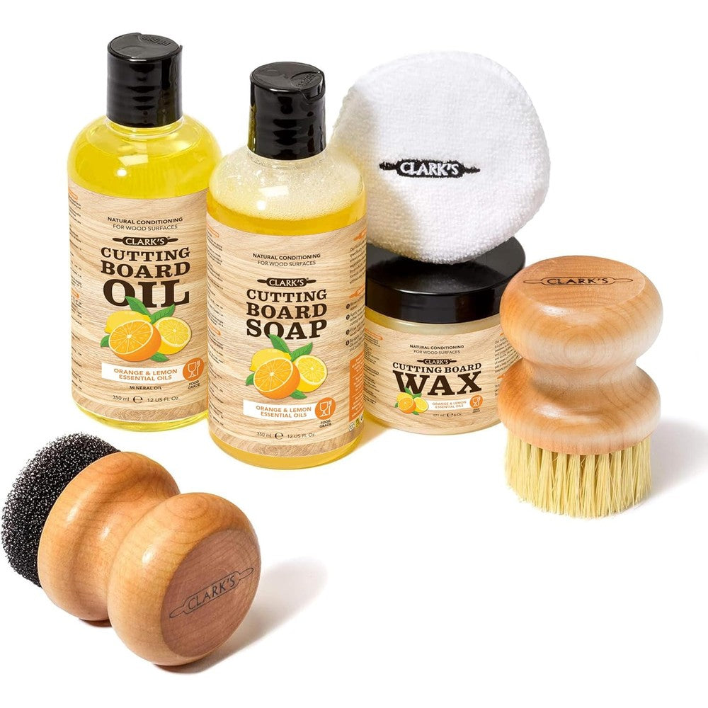 Clarks Cutting Board Oil and Wax Kit front view with bottles and tools