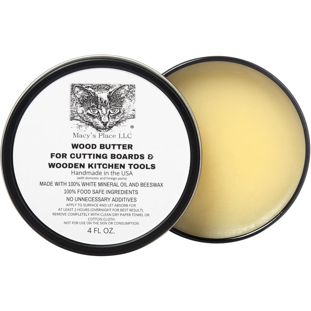 Macy's Place Wood Butter 4 fluid ounce tin front view for cutting board maintenance.