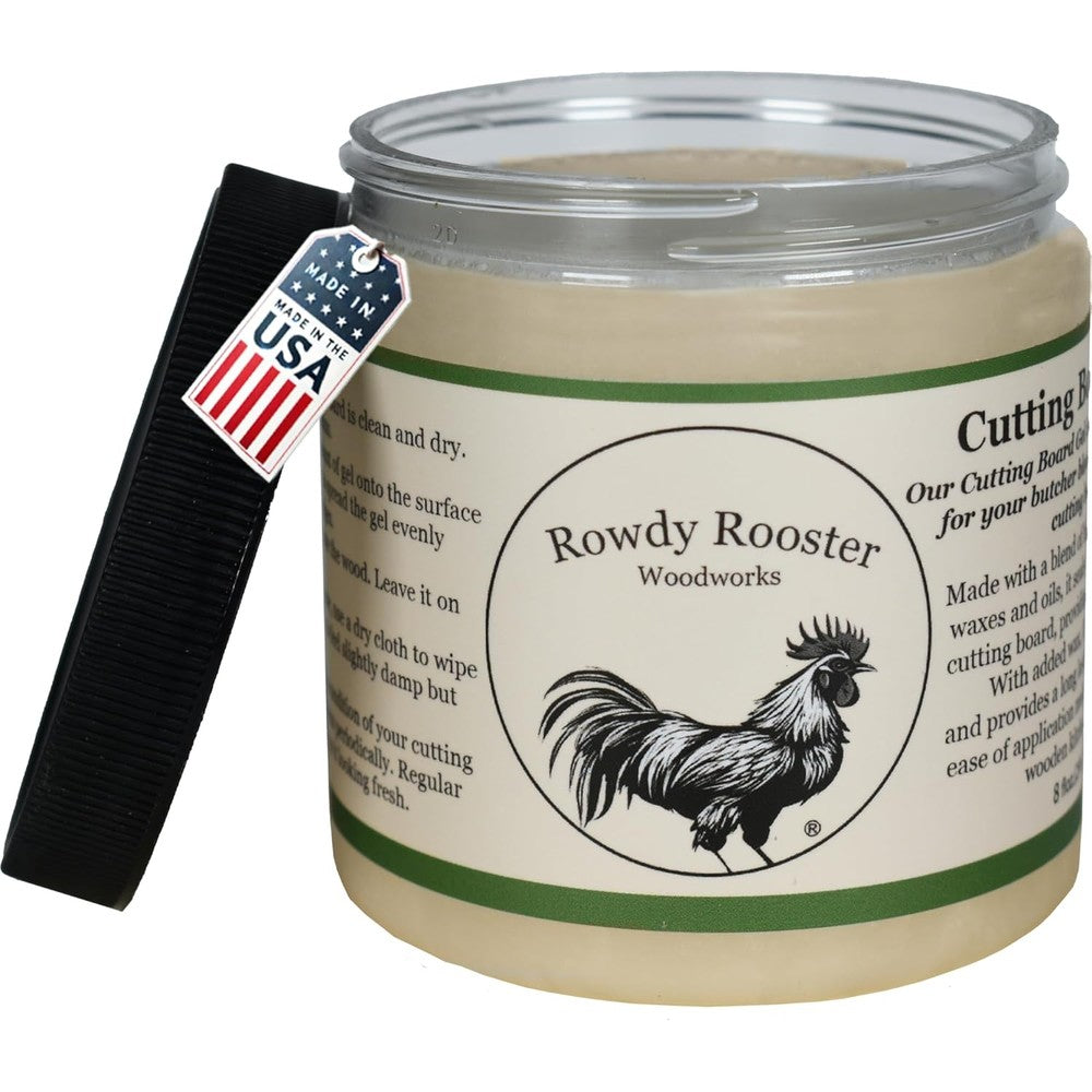 Rowdy Rooster Woodworks cutting board gel front bottle view