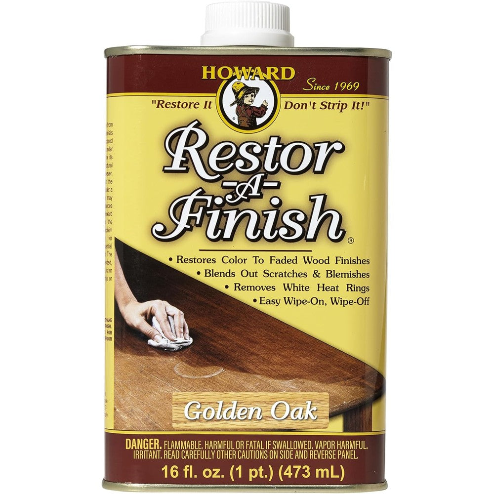 Howard Products Restor-A-Finish Golden Oak 16 Fluid Ounce front view for wood restoration.