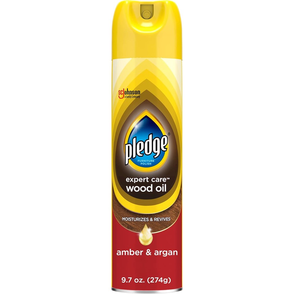 Pledge Moisturizing Wood Oil Amber and Argan spray can front view