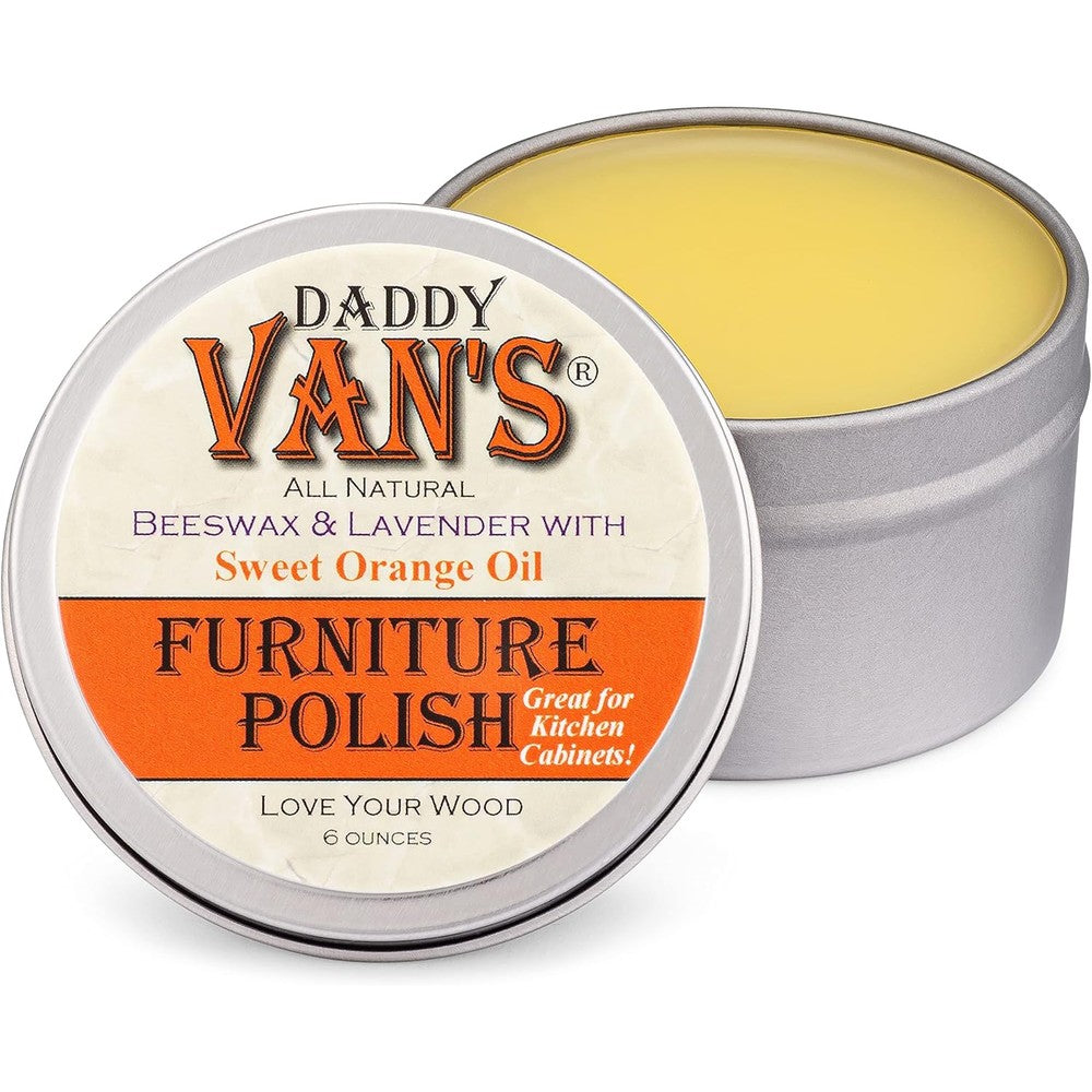 Daddy Van's Beeswax Furniture Polish front view of 6 ounce tin for wood conditioning.