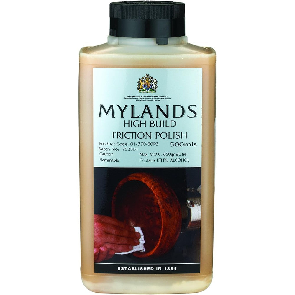 Mylands High Build Friction Polish 500ml bottle front view woodturning finish.