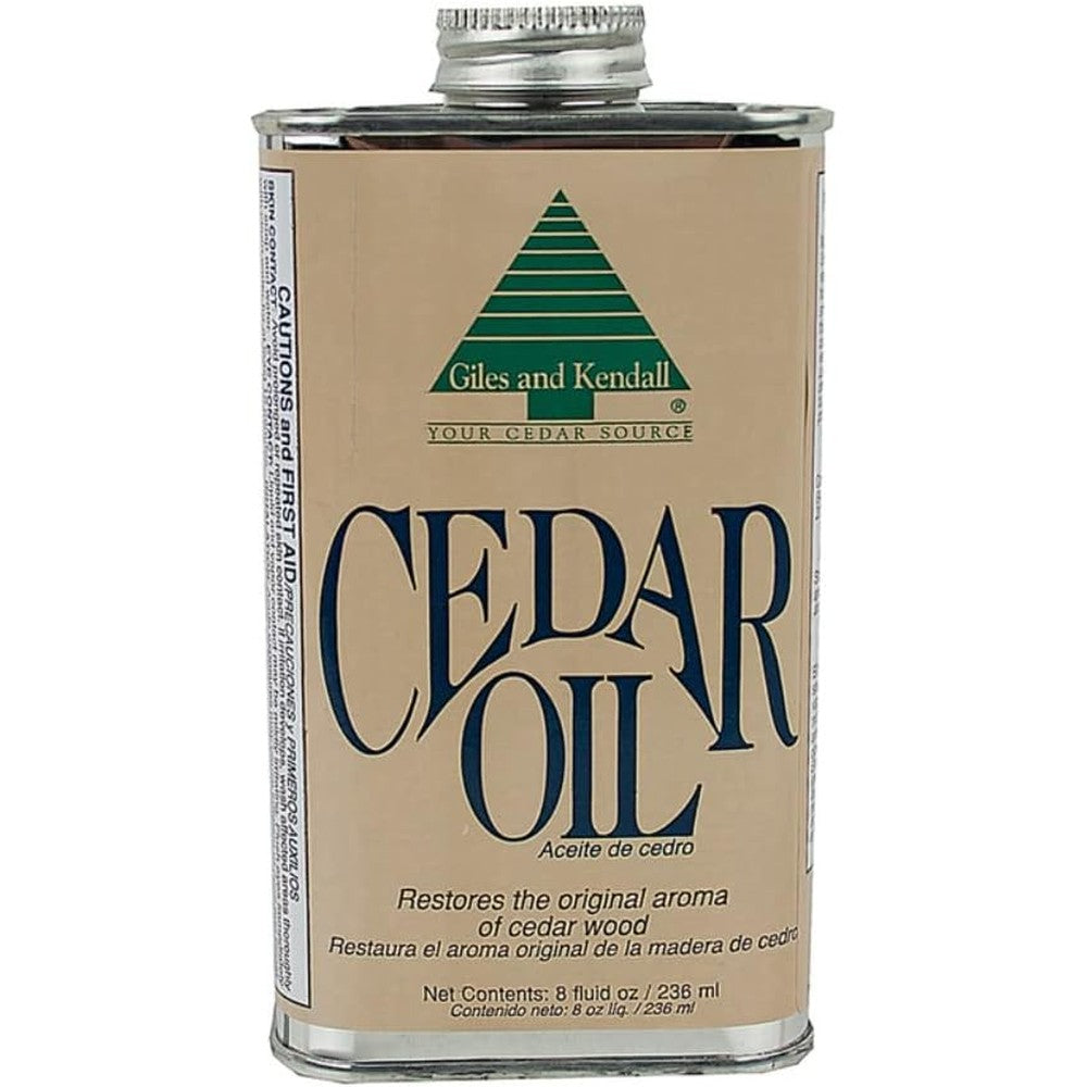 Giles and Kendall Cedar Oil 8 ounce metal can front view for wood restoration.