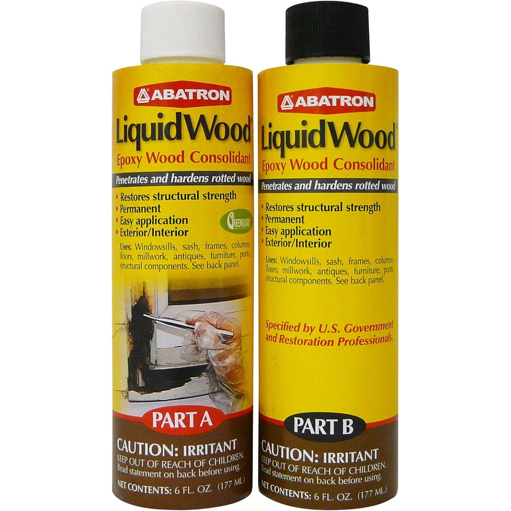 Abatron LiquidWood Kit front view of Part A and Part B bottles for wood restoration.