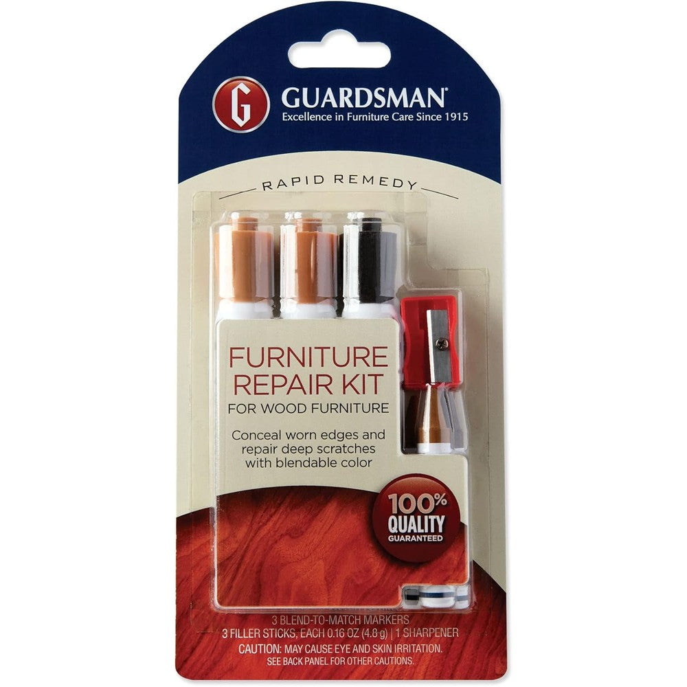 Guardsman Wood Furniture Repair Kit front view featuring markers and filler sticks.