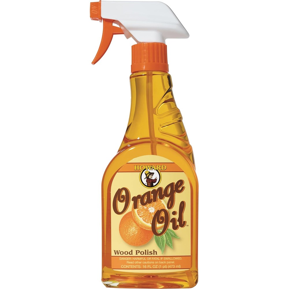 Howard Products Orange Oil Wood Polish 16 ounce spray bottle front view for furniture cleaning.