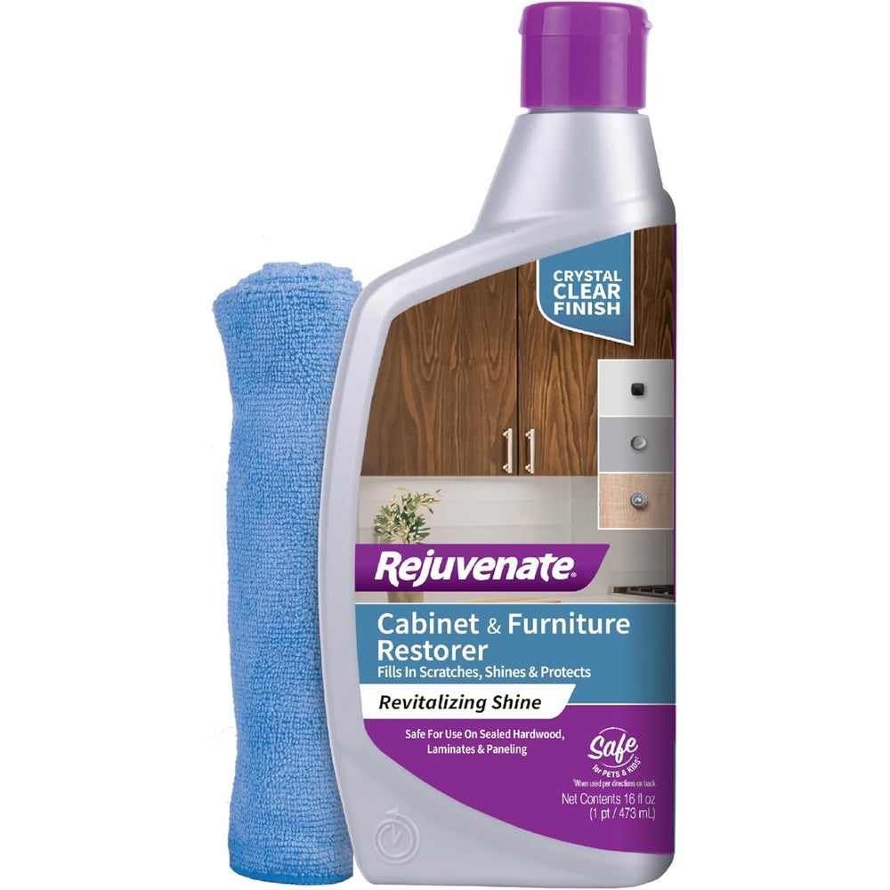 Rejuvenate Cabinet and Furniture Restorer 16 Ounce bottle front view for wood polishing.