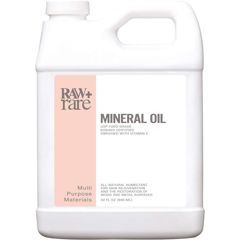 Raw Plus Rare Vegan Food Grade Mineral Oil 32 Ounce front view for wood conditioning.