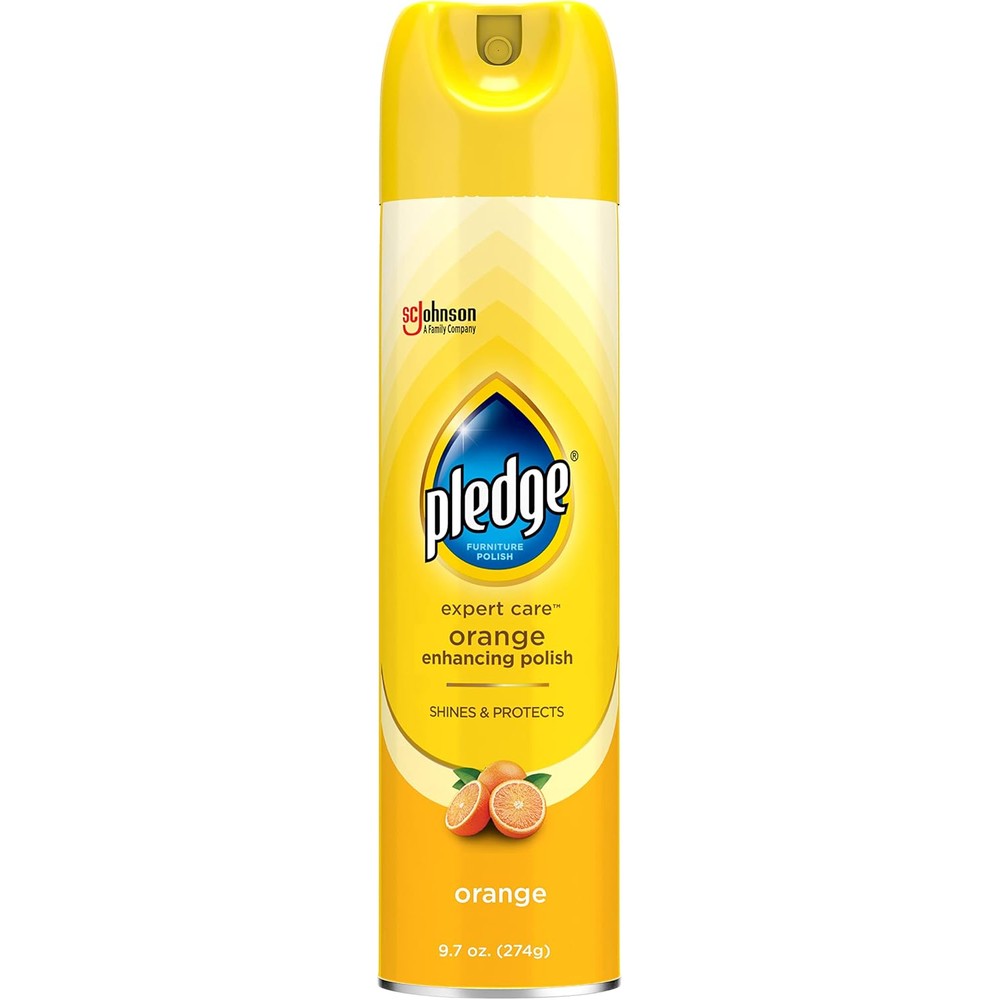 Pledge Enhancing Polish Wood and Furniture Spray Orange Scent front view of 9.7 ounce can