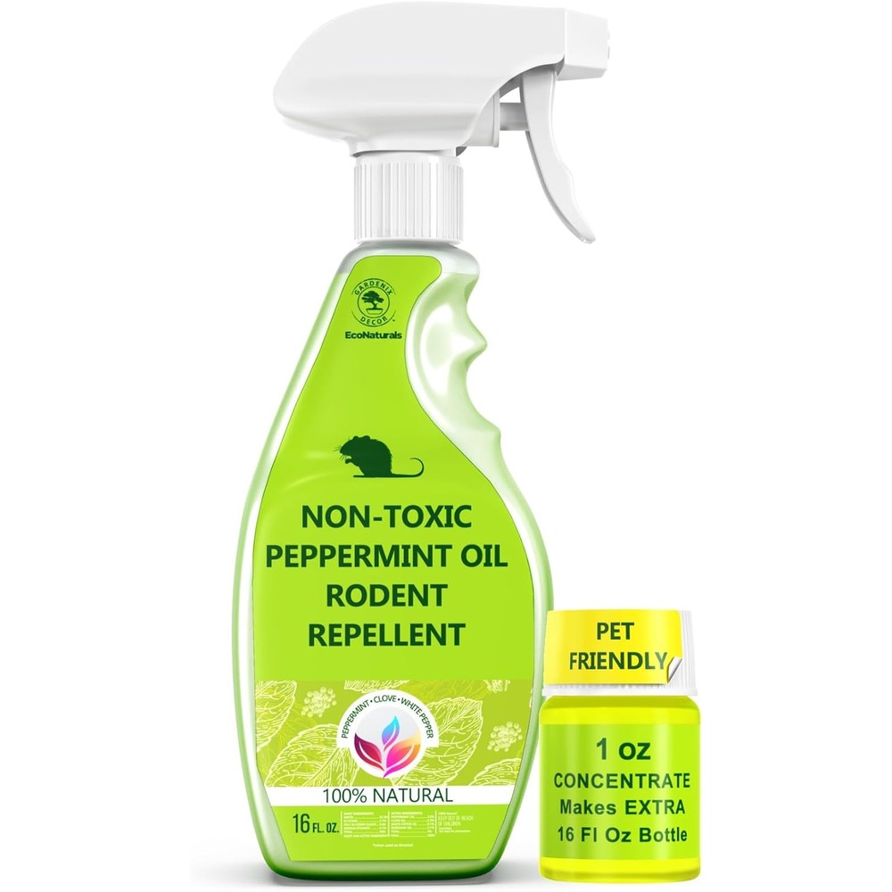 Gardenix Decor Peppermint Oil Rodent Repellent Spray front view showing the sixteen ounce bottle and one ounce concentrate pack