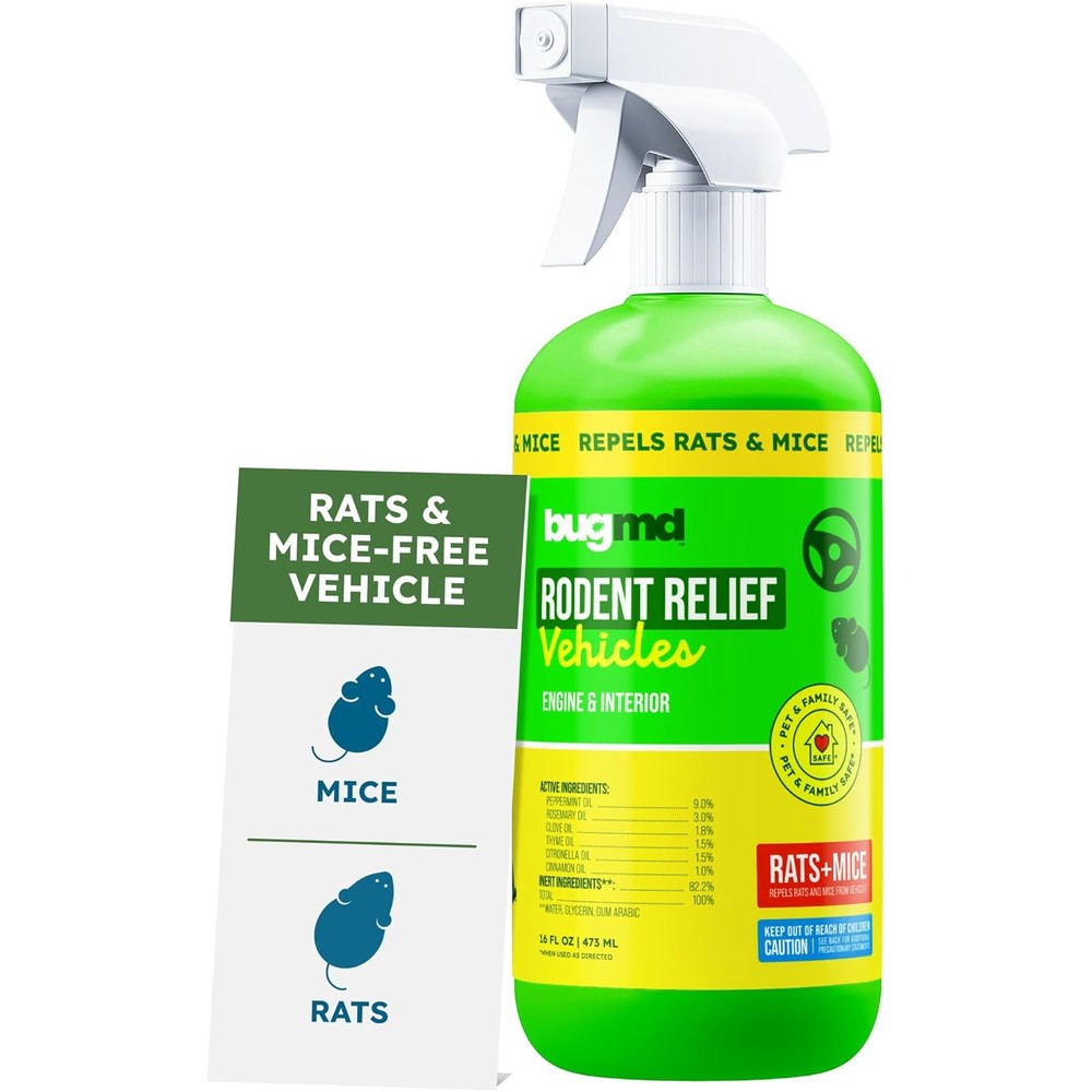 BugMD Rodent Repellent for Car Engines front view bottle showing natural peppermint oil pest control spray