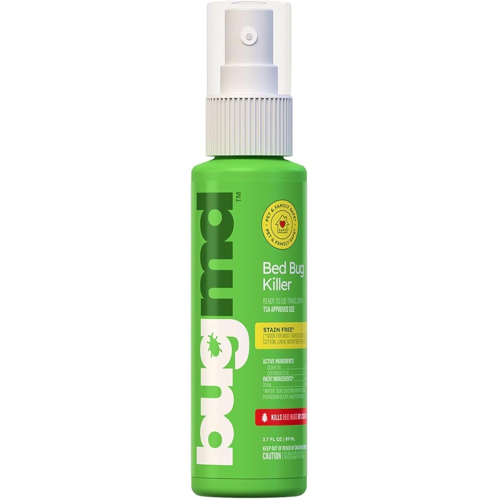 BugMD Bed Bug And Mite Spray front view of the travel size bottle for natural pest control.