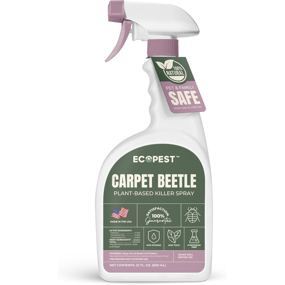 ECOPEST carpet beetle spray front view of the natural plant based insect killer bottle