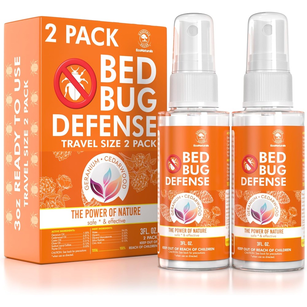Gardenix Decor All Natural Bed Bug Spray twin pack front view showing the travel size bottles.