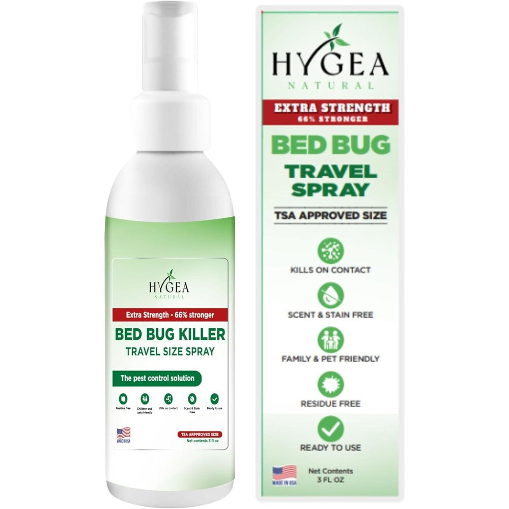 Hygea Natural Extra Strength Bed Bug and Mite Travel Spray front view bottle for insect elimination