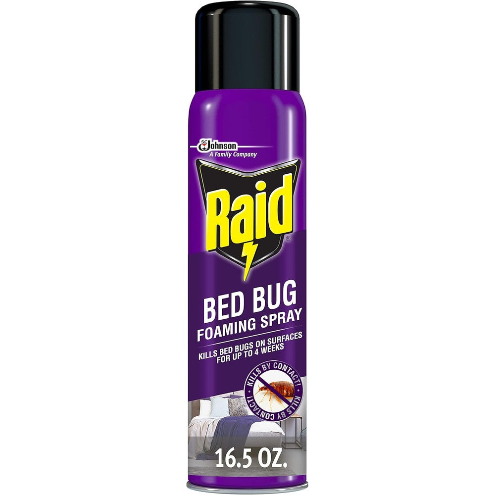 Raid Bed Bug Foaming Spray front view 16.5 ounce can for pest control.