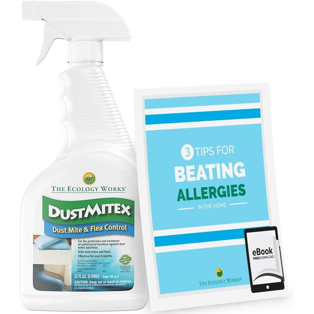 The Ecology Works DustmiteX Spray 32 Fluid Ounce front view showing authentic packaging for allergy relief.