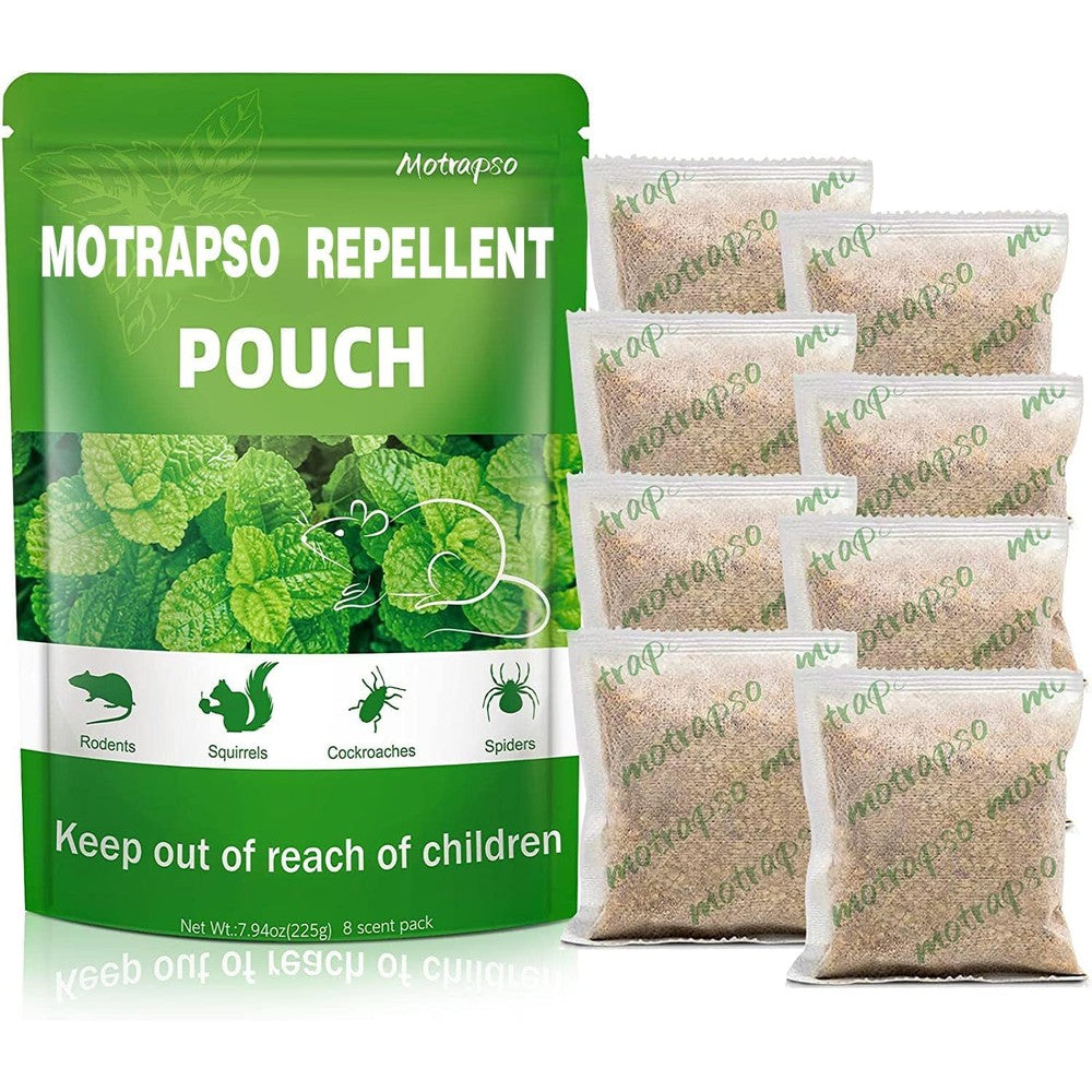 Motrapso Mouse Repellent Pouches 12 Pack front view showing natural pest control packaging.