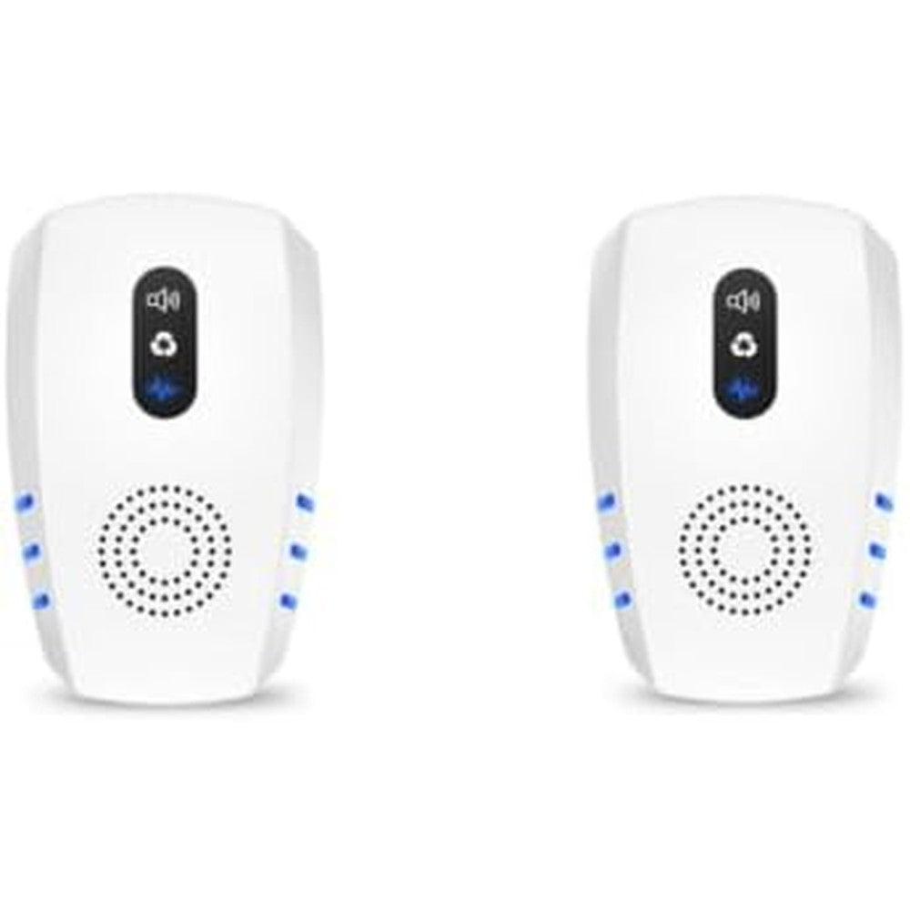 TGS FEARLEFT ultrasonic pest repeller twin pack front view plugged into wall outlet showing blue light indicator