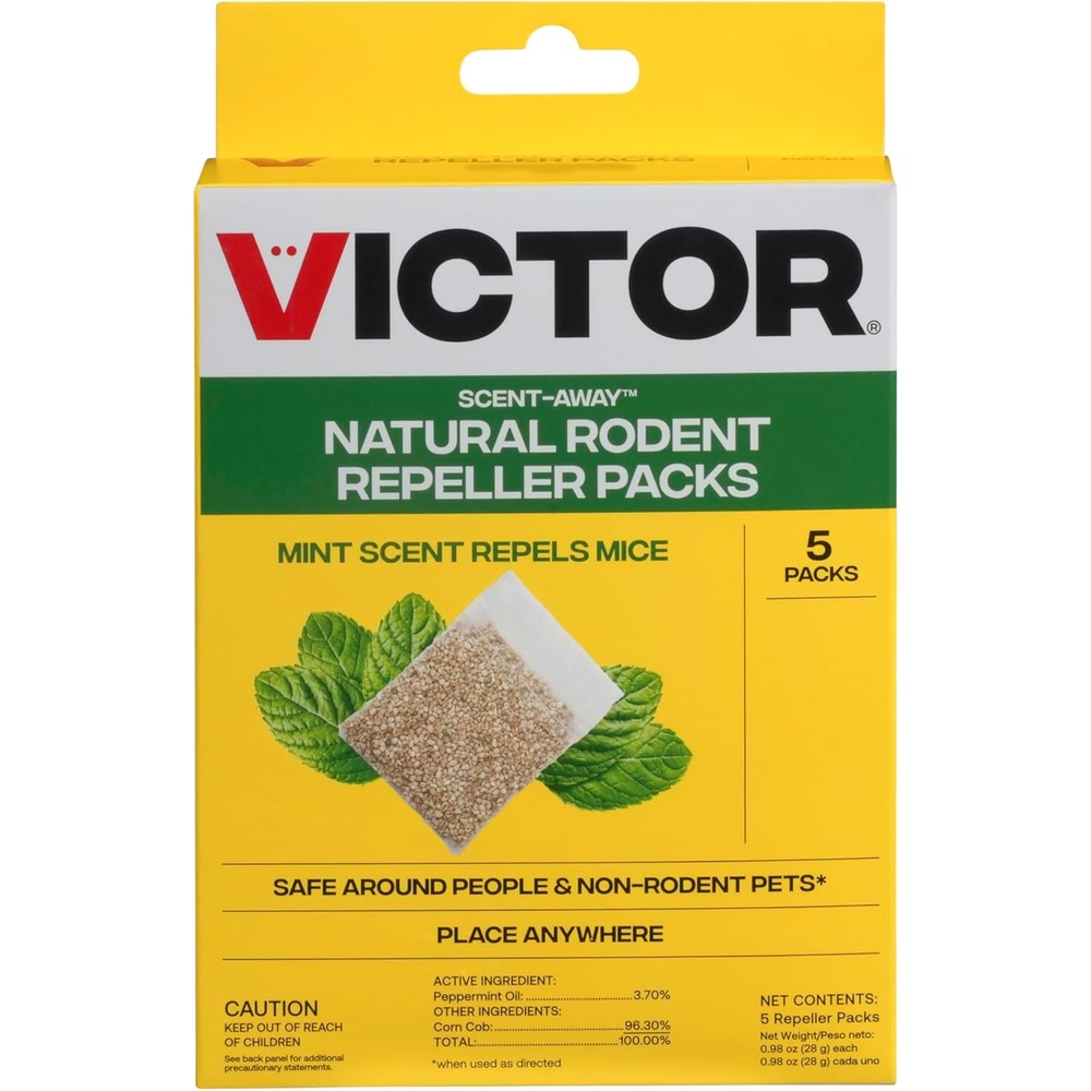 Victor M805 Scent-Away Natural Rodent Repeller front view of five pack packaging.