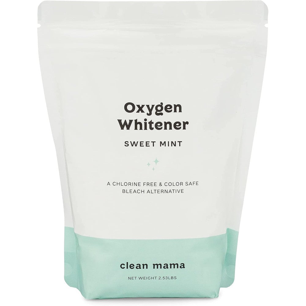 Clean Mama Natural Oxygen Whitener front packaging for eco-friendly laundry.