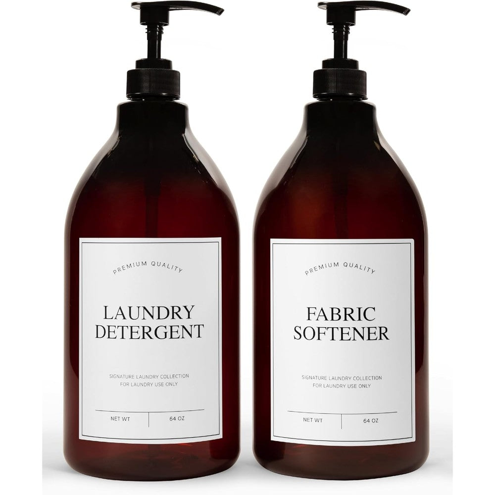 Calindiana Modern Farmhouse Laundry Detergent Dispenser front view amber plastic bottle.