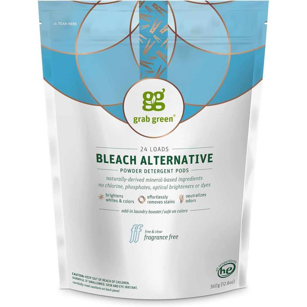 Grab Green Bleach Alternative Pods front view 24 count pouch for bright whites.