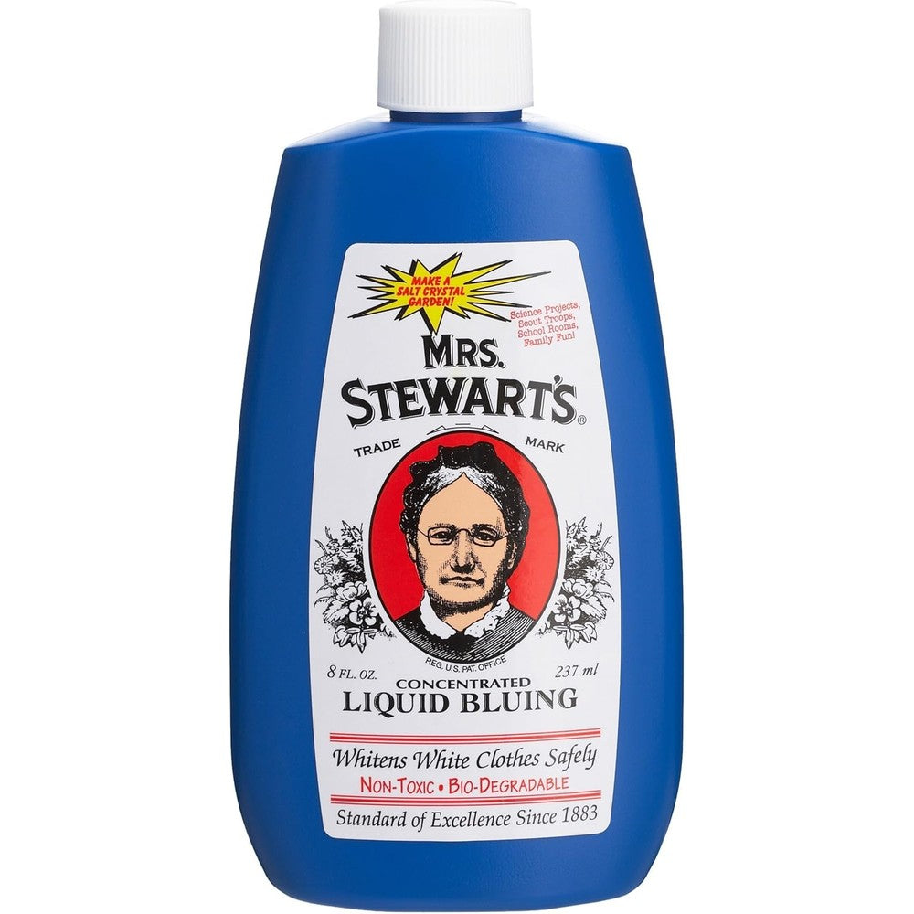 Mrs. Stewart's Concentrated Liquid Bluing 8 Ounce bottle front view authentic laundry whitener.