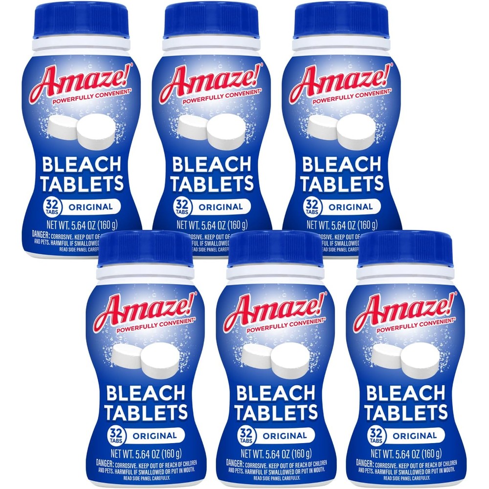 AMAZE Ultra Concentrated Bleach Tablets front view of six bottle pack laundry whitener.