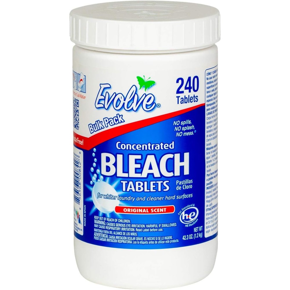 Evolve Concentrated Bleach Tablet 240 count front view for bulk laundry cleaning.