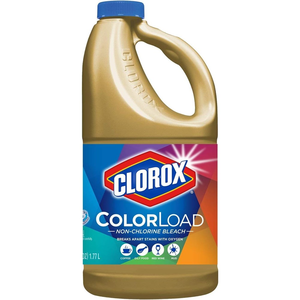 Clorox ColorLoad Non-Chlorine Bleach front view of two sixty ounce bottles for laundry stain removal.