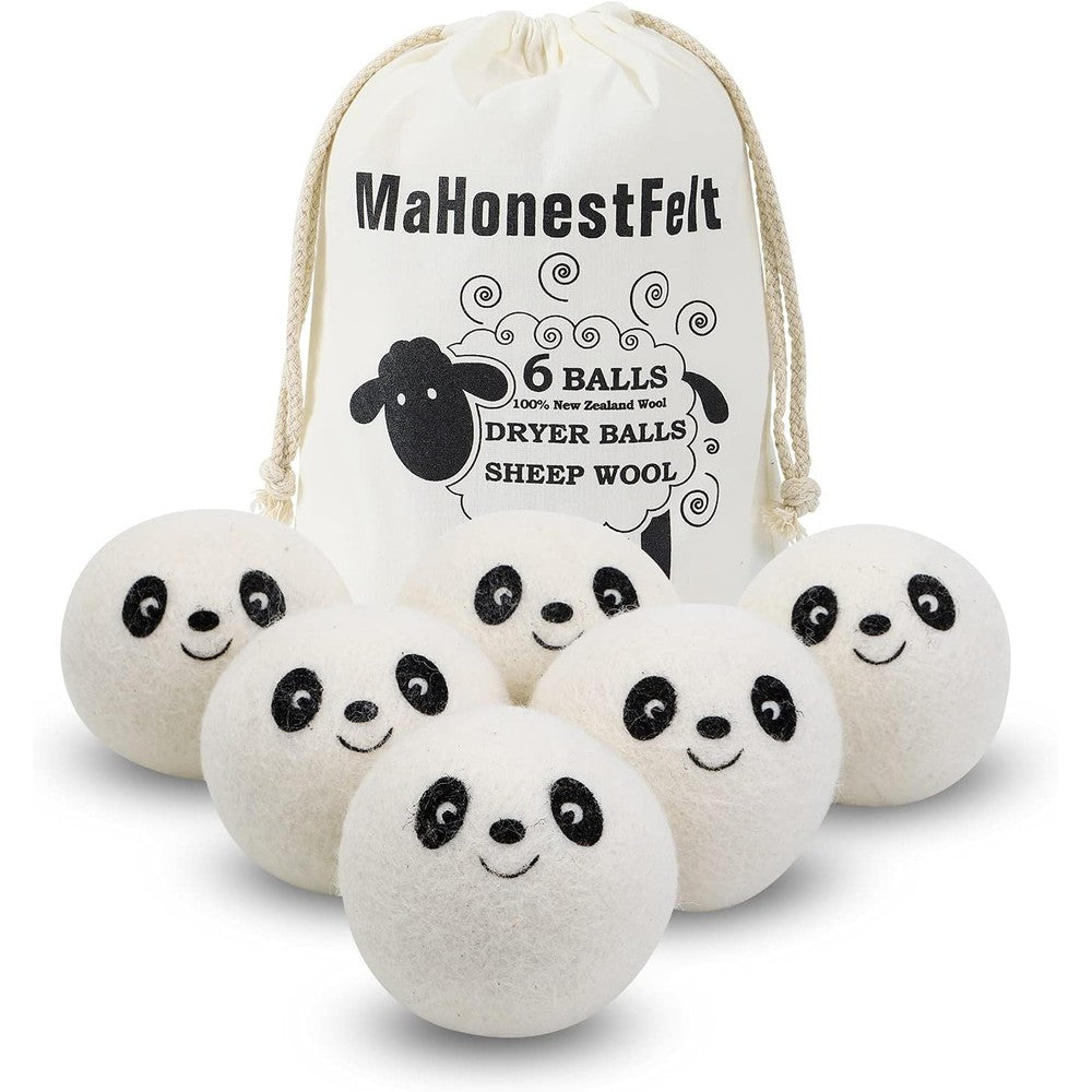 MaHonestFelt wool dryer balls front view showing six white premium wool laundry spheres
