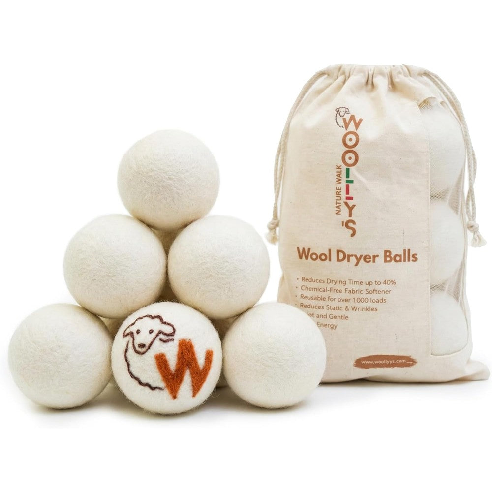 Woolly's Wool Dryer Balls six pack front view eco friendly laundry care