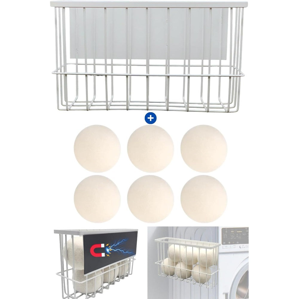 Junlynest magnetic dryer ball holder basket mounted on a white laundry appliance with six wool balls.