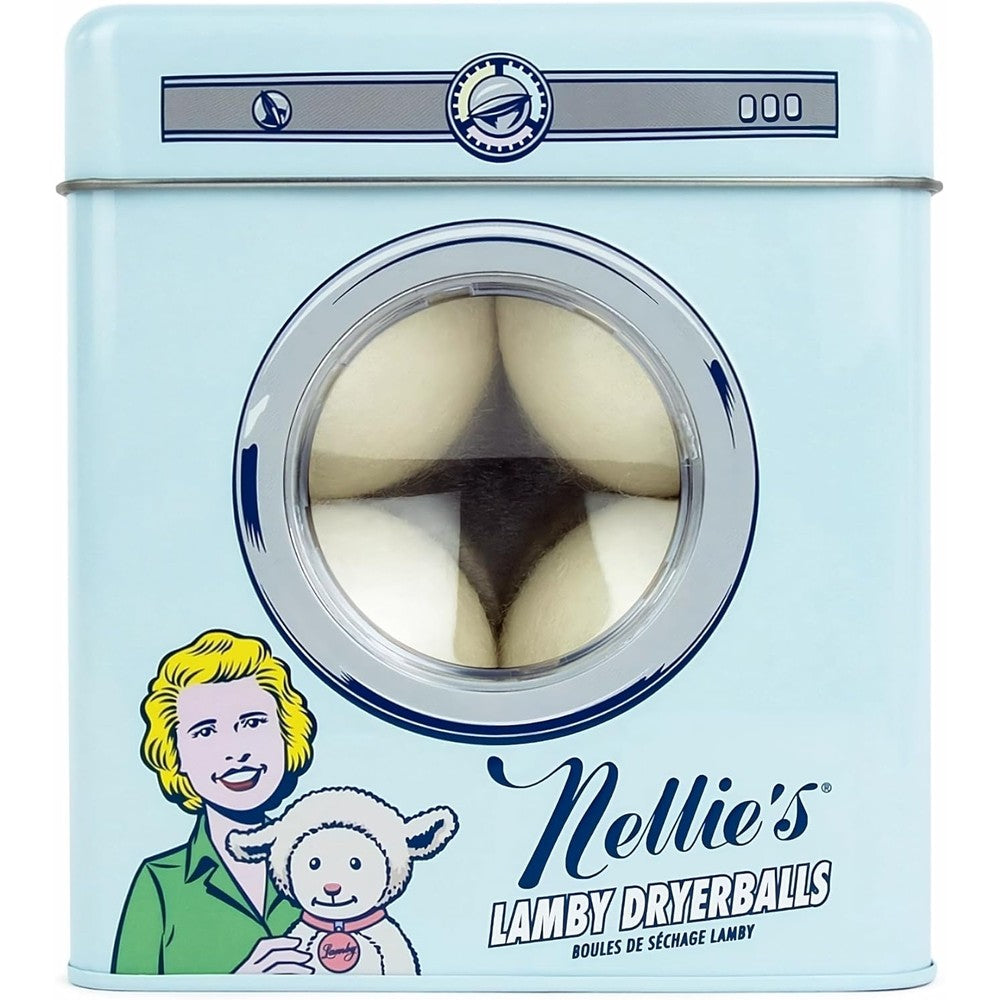 Nellie's Lamby Dryerballs 4 pack front view in vintage tin laundry room essential