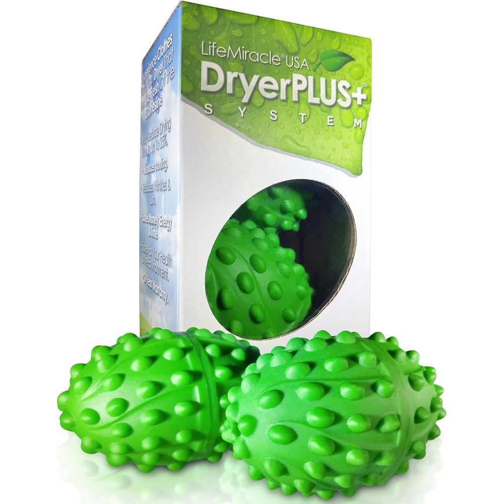 Life Miracle DryerPlus Dryer Balls XL front view of green spiked laundry tool.