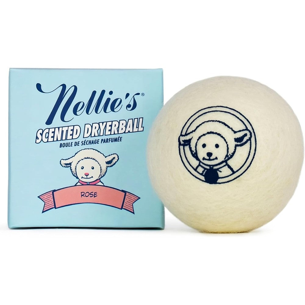Nellie's Scented Wool Dryerball Rose Scented front view featuring the signature stamped lamb graphic on the natural fabric softener.