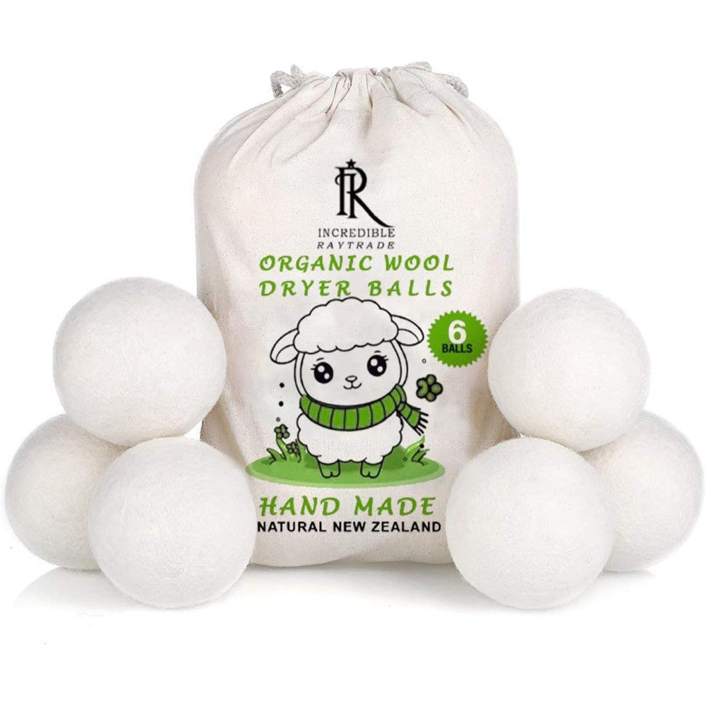 Incredible Raytrade Wool Dryer Balls 6-Pack front view of organic wool laundry accessories.