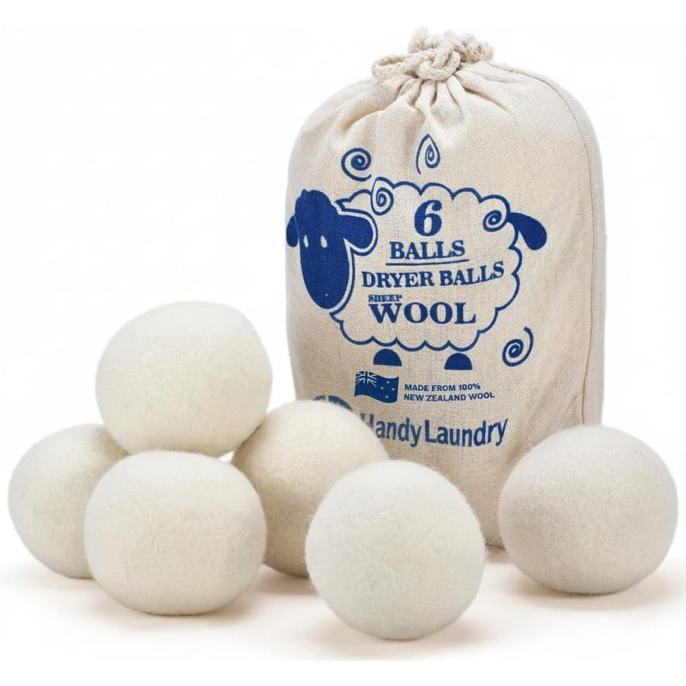 Handy Laundry premium wool dryer balls front view of pack of six