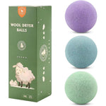 VOGLUX natural wool dryer balls front view of three pack colorful set